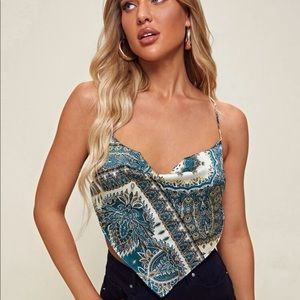 Rhinestone Crisscross tie backless scarf print cami top